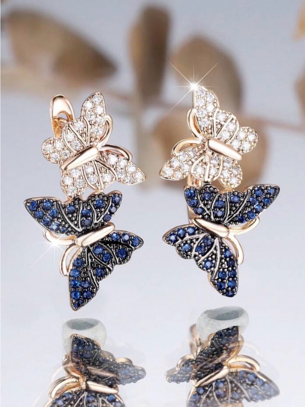 Elegant Double Butterfly Crystal Earrings in Blue and White